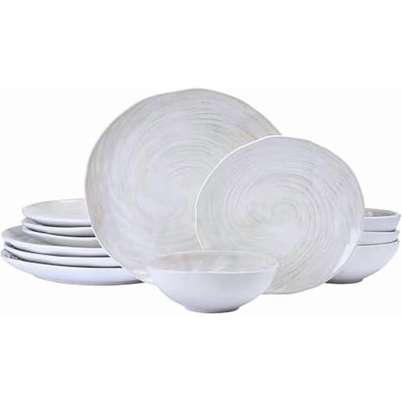 Harley 12 Piece Stoneware Hand-Crafted Dinnerware Set, Service for 4, Plate and Bowl, Modern with Organic Freeform Shape, White