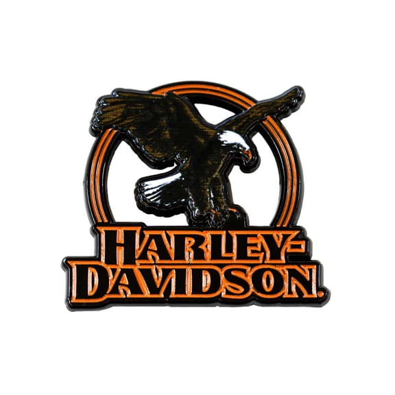 Harley-Davidson 1.5 inch. Eagle Eye Cutout Metal Pin, Black & Orange Finishes, Harley Davidson