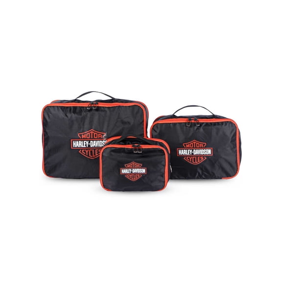 Harley-Davidson 3PC Expandable Packing Cube Set, Bar & Shield Logo- Black/Orange, Harley Davidson