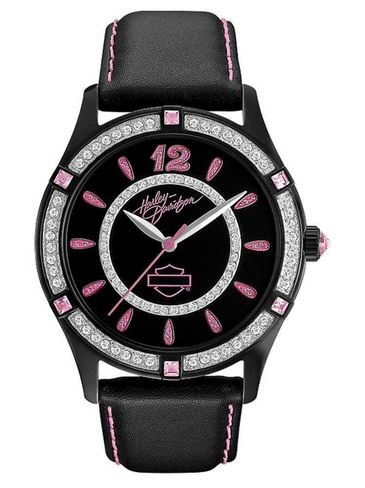 Harley Davidson Bulova Watch with Pink Mother of Pearl Face and Diamond Accents. Bulova Rubaiyat 45 Diamond Pink Dial Leather Strap Women main image 2