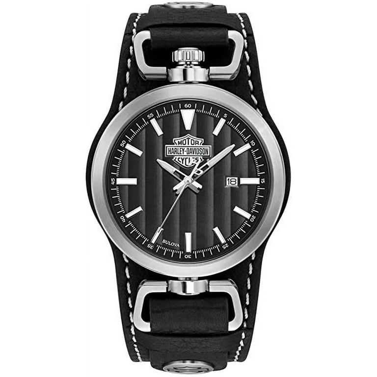 Harley-Davidson B&S Rotating Case Cuff Black Leather Mens Watch