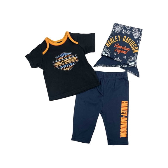 Harley-Davidson Baby Boys' 3-piece Bar & Shield Logo Tee & Pant Newborn Gift Set, Harley Davidson