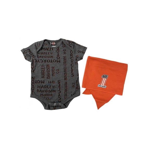 Harley-Davidson Baby Boys' Orange Printed H-D Creeper & Doo Rag Set (9/12M), Harley Davidson