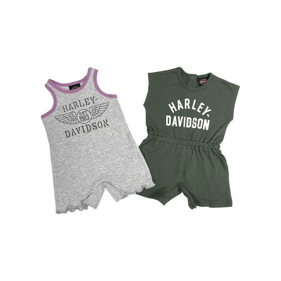 Harley-Davidson Baby Girls' 2-Pack Newborn Romper Set- Light Gray & Green (6/9M), Harley Davidson