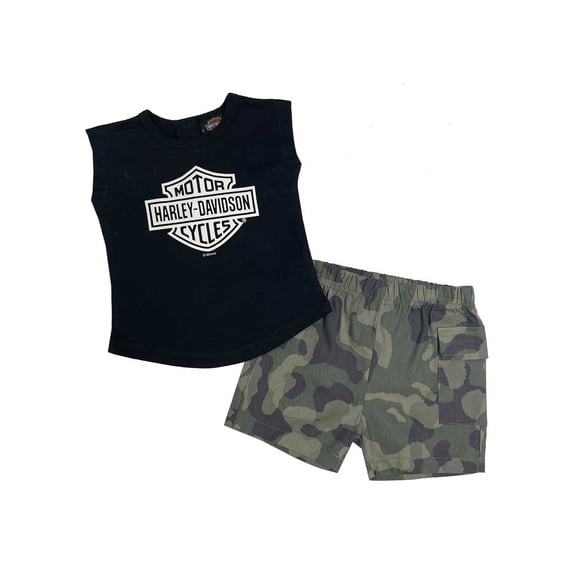Harley-Davidson Baby Girls' 2 Piece Infant Muscle Tee & Camo Short Set (9/12M), Harley Davidson