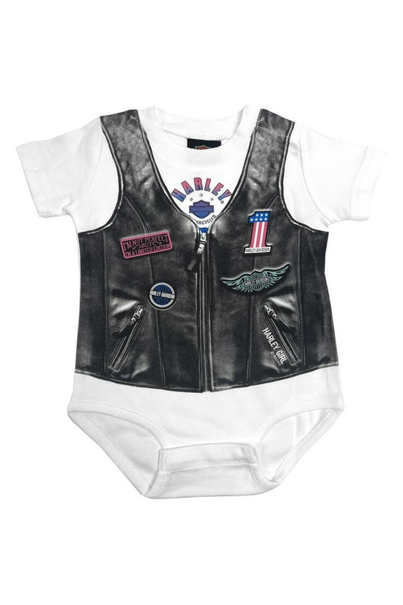 Baby Girls' Faux Leather Vest Short Sleeve Creeper (0/3M), Harley Davidson