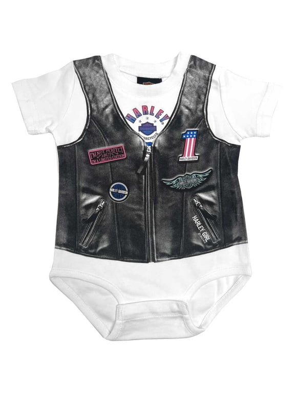 Baby Girls' Faux Leather Vest Short Sleeve Creeper (6/9M), Harley Davidson