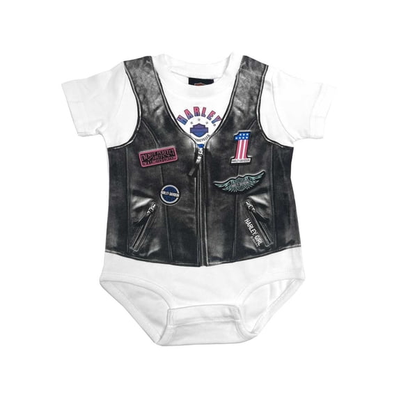 Harley-Davidson Baby Girls' Faux Leather Vest Short Sleeve Creeper (9/12M), Harley Davidson