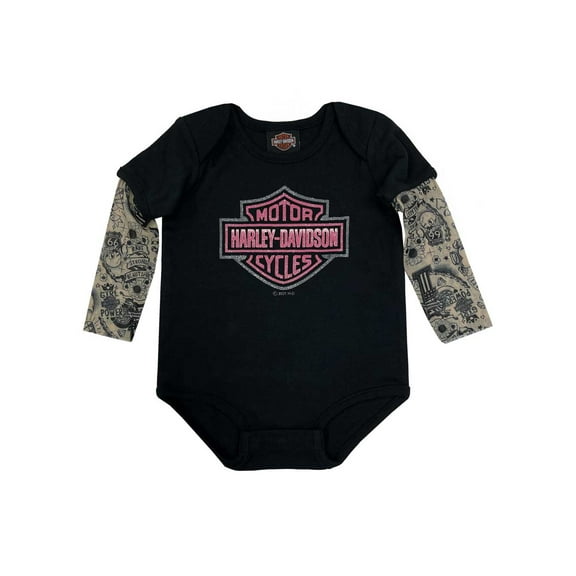 Harley-Davidson Baby Girls' Glitter B&S Mesh Tattoo Long Sleeve Creeper (9/12M), Harley Davidson
