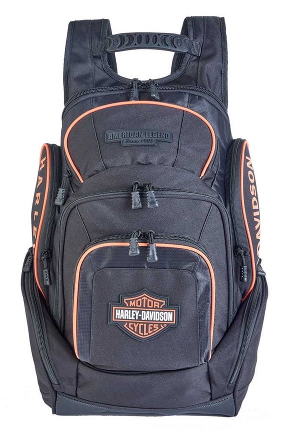 Bar & Shield Legend Rugged Polyester Backpack - Black/Orange, Harley Davidson
