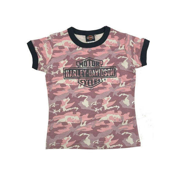 Harley-Davidson Big Girls' Camo Printed Ringer Short Sleeve Tee, Pink (10/12), Harley Davidson