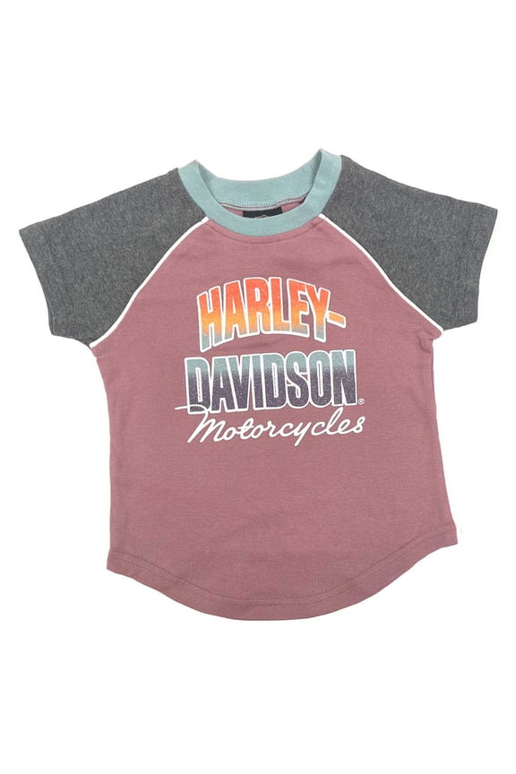 Big Girls' Glittery Short Sleeve Raglan Rib Tee, Pink (7/8), Harley Davidson