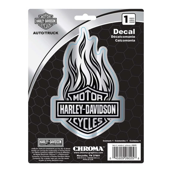 Harley-Davidson Chrome Bar & Shield Logo Flames Decal - Silver - 4 x 6 in., Harley Davidson