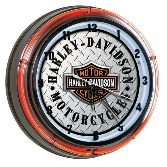 Harley-Davidson Diamond Plated Bar & Shield Neon Clock, Orange Neon HDL-16611, Harley Davidson
