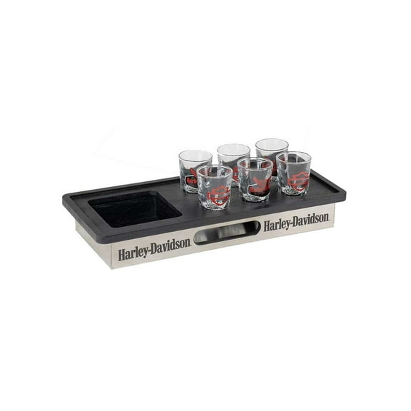 Harley-Davidson Eagle Bottle & Shot Glass Tray Set, Eagle and Bar & Shield Logos, Harley Davidson