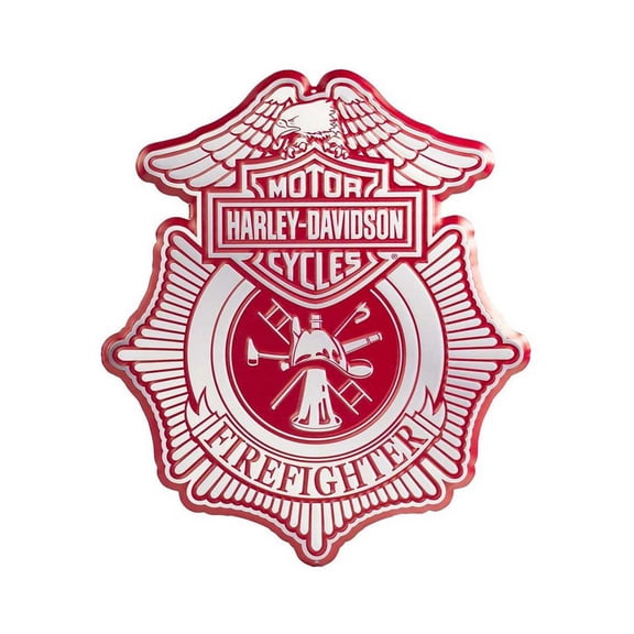 Harley-Davidson Embossed Firefighter Shield Metal Sign, Custom Shaped Red & Gray, Harley Davidson