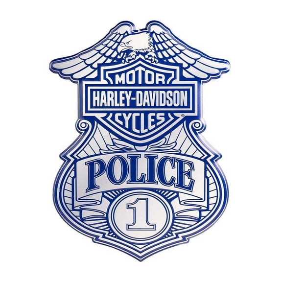Harley-Davidson Embossed Police Shield Metal Sign, Custom Shaped Blue & Gray, Harley Davidson