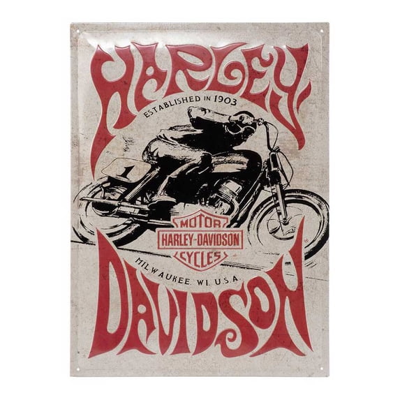 Harley-Davidson Embossed Tin Sign, Vintage 1970s Racer Graphic, 12 x 15.75 in., Harley Davidson