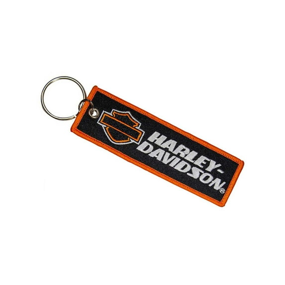 Harley-Davidson Embroidered Woven Key Chain, Bar & Shield Logo Text Black/Orange, Harley Davidson