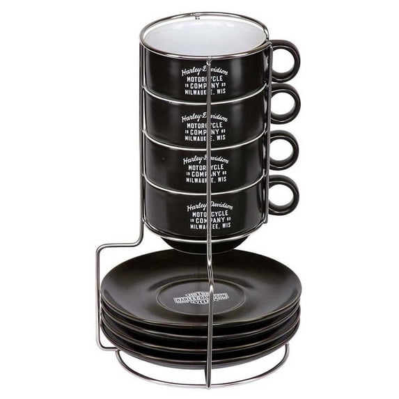 Harley-Davidson Espresso Mug Set, Set of 4 Ceramic Mugs & Saucers - Black, Harley Davidson