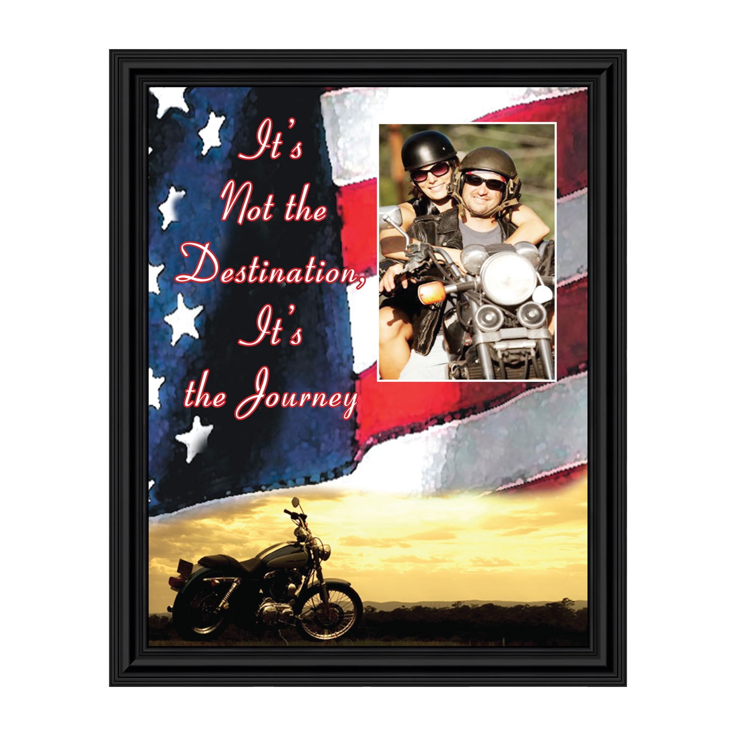 Harley Davidson Gifts for Men and Women, Patriotic Harley Accessories, Harley Davidson Wedding Gifts, Sunset American Flag for Harley Riders, "It's Not the Destination" Unique Motorcycle Decor, 5028