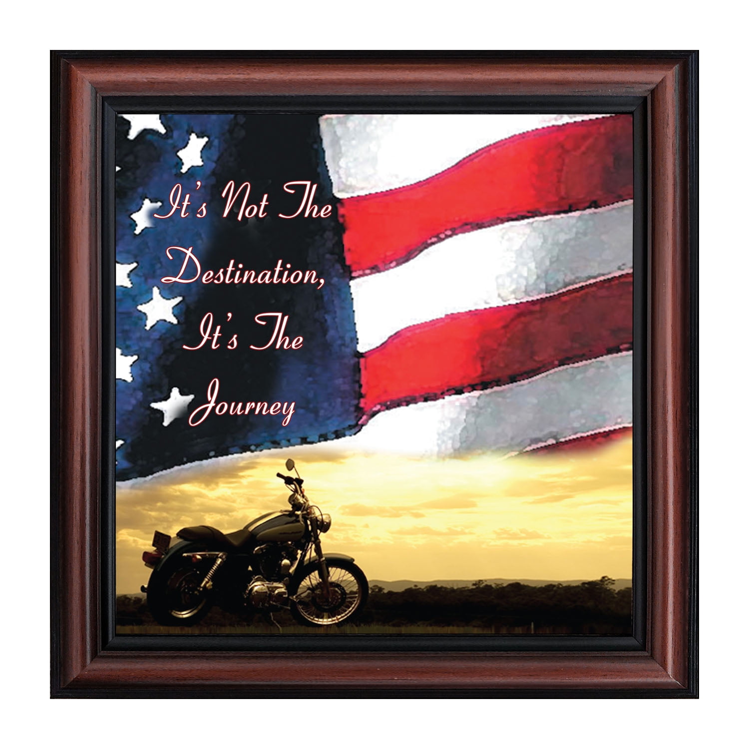 Harley Davidson Gifts for Men and Women, Patriotic Harley Accessories, Harley Davidson Wedding Gifts, Sunset American Flag for Harley Riders, "It's Not the Destination" Unique Motorcycle Decor, 8552