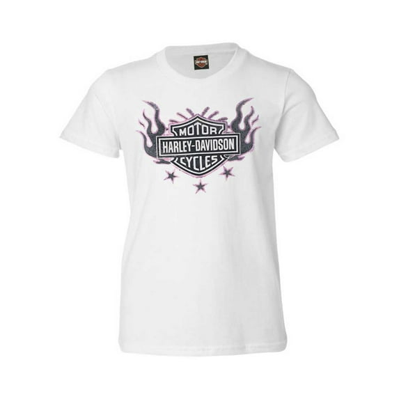 Harley-Davidson Girl's Flames B&S Short Sleeve Cotton Toddler Tee - White (5/6T), Harley Davidson
