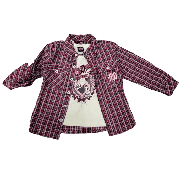 Harley-Davidson Girls Maroon Woven Flannel Shirt & T-Shirt, 2-Piece Set, Sizes 10-12