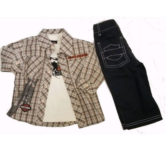Harley-Davidson Infant Boy 3-Piece Casual Set, Graphic Shirt, Plaid Flannel & Pants, 12 Months