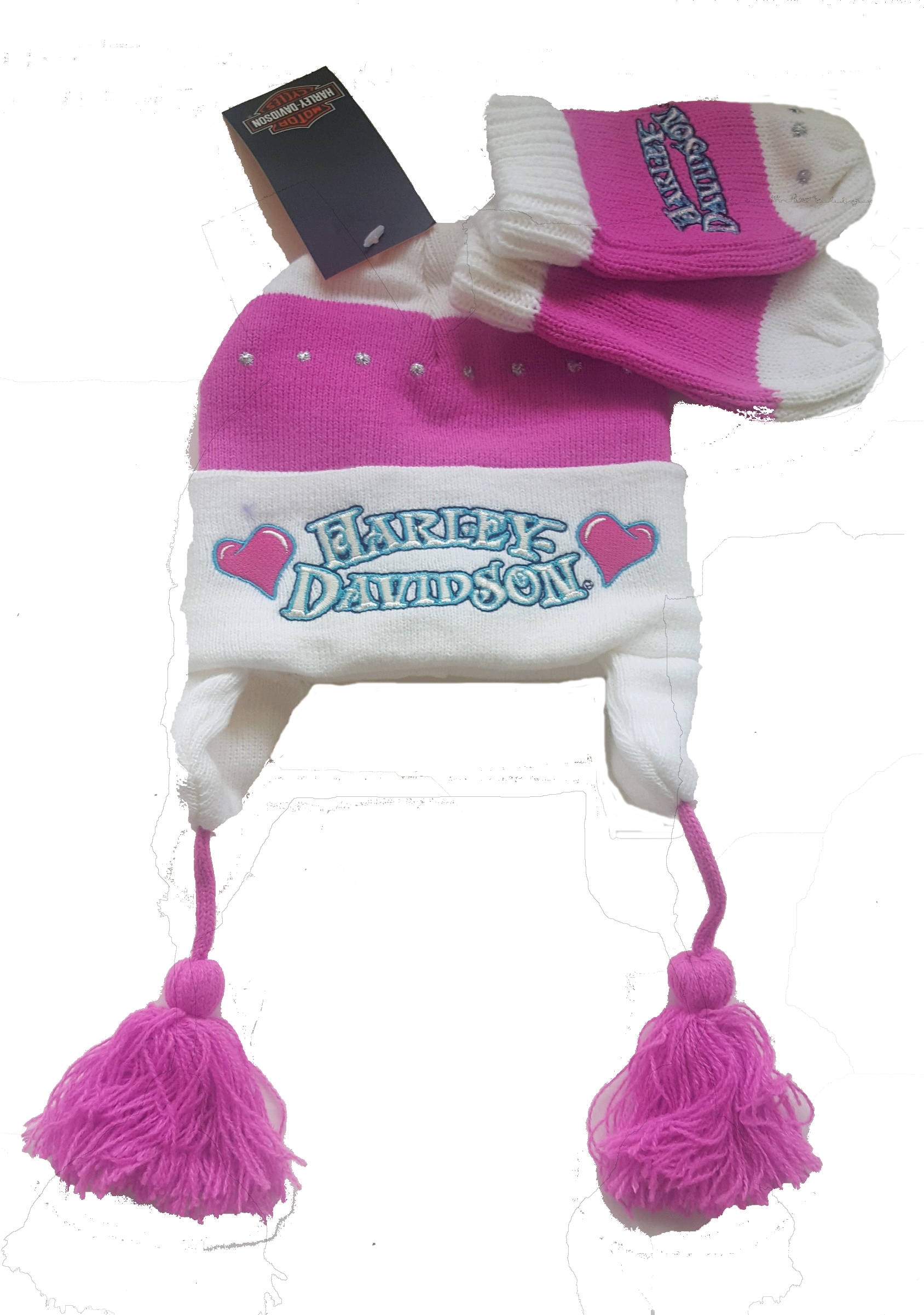 HarleyDavidson Infant Girl Pink Knit Winter Hat & Mittens Set