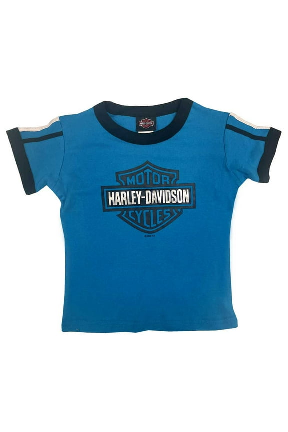 Little Girls' Bar & Shield Ringer Short Sleeve Tee - Blue (6/6X), Harley Davidson