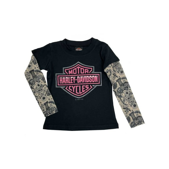 Harley-Davidson Little Girls' Glitter B&S Logo Mesh Tattoo Long Sleeve Tee (3T), Harley Davidson