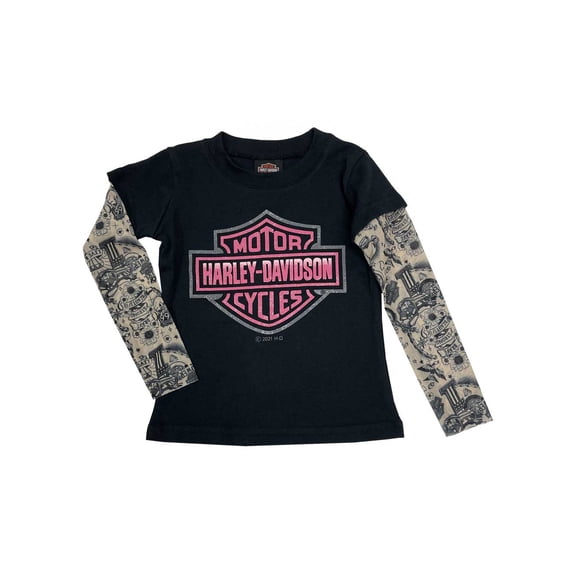 Harley-Davidson Little Girls' Glitter B&S Logo Mesh Tattoo Long Sleeve Tee (4T), Harley Davidson