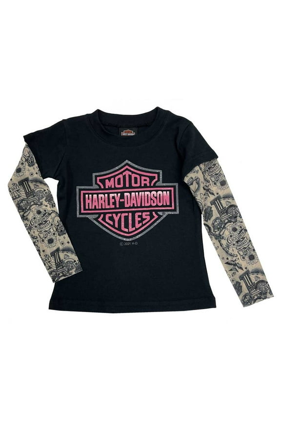Little Girls' Glitter B&S Logo Mesh Tattoo Long Sleeve Tee (4T), Harley Davidson