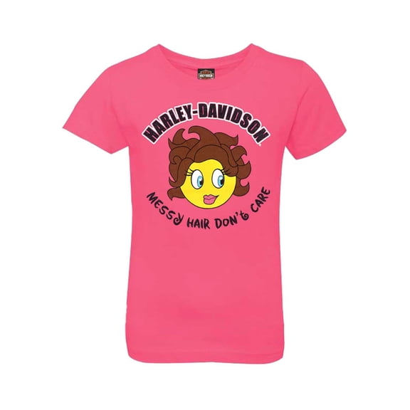 Harley-Davidson Little Girls' Messy Hair Emoji Short Sleeve Tee, Hot Pink (6/6X), Harley Davidson