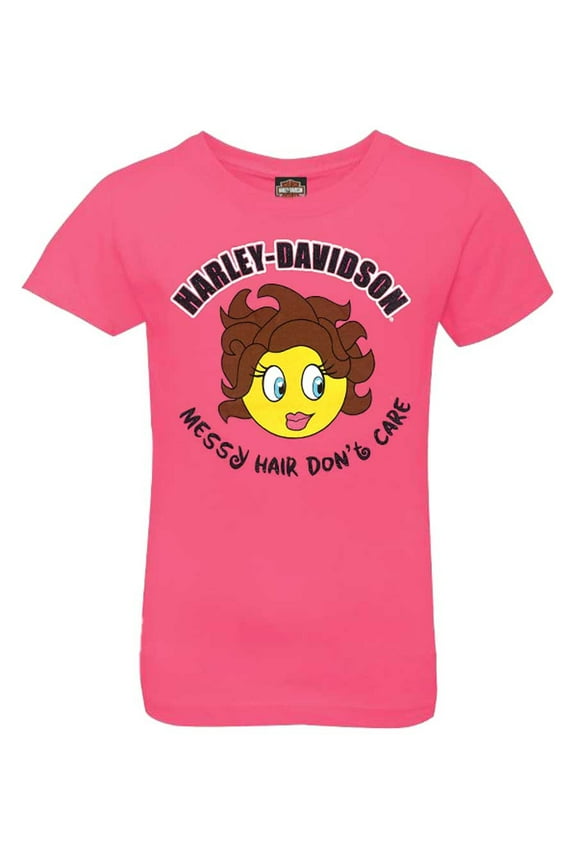 Little Girls' Messy Hair Emoji Short Sleeve Tee, Hot Pink (6/6X), Harley Davidson