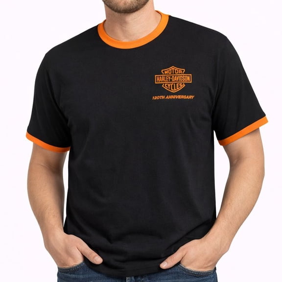 Harley-Davidson Men's 120th Anniversary Ringer Short Sleeve Tee - Black, 96834-23VM