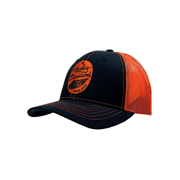 Harley-Davidson Men's Badge Snapback Mesh Colorblocked Trucker Hat, Black/Orange, Harley Davidson