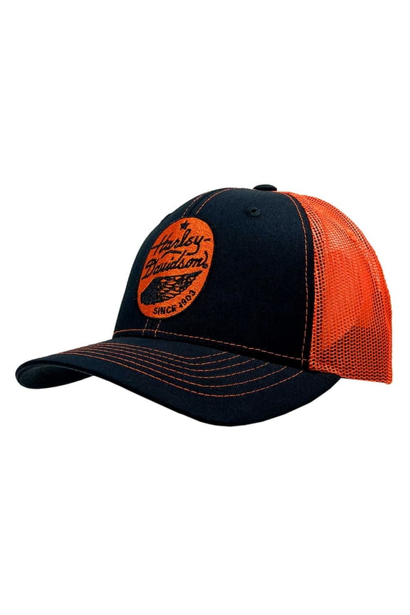 Men's Badge Snapback Mesh Colorblocked Trucker Hat, Black/Orange, Harley Davidson