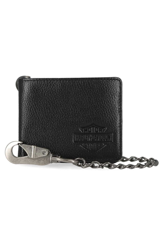 Men's Bar & Shield Core Pebble Biker Chain Bi-Fold Wallet, Black, Harley Davidson