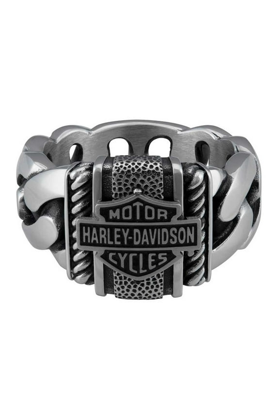 Men's Bar & Shield Curb Link Stainless Steel Metal Ring (9), Harley Davidson