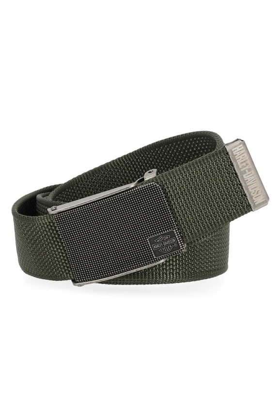Men's Bar & Shield Logo Bottle Opener Nylon Web Belt - Green, Harley Davidson