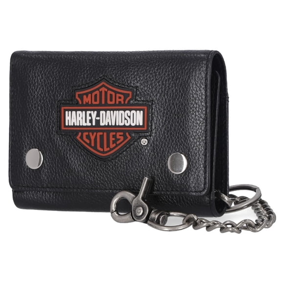 Harley-Davidson Men's Bar & Shield Patch Tri-Fold Chain Leather Wallet - Black, Harley Davidson