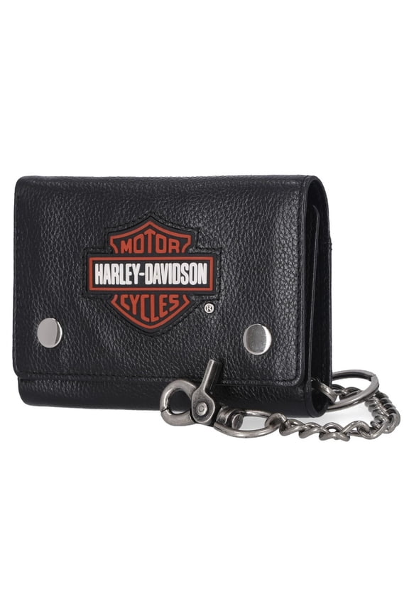 Men's Bar & Shield Patch Tri-Fold Chain Leather Wallet - Black, Harley Davidson