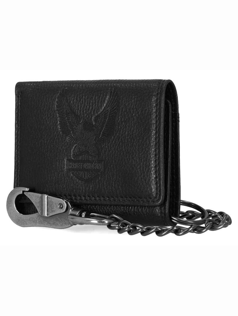 Harley-Davidson Men's Embossed Eagle Tri-Fold Snap Chain RFID Wallet, Black, Harley Davidson