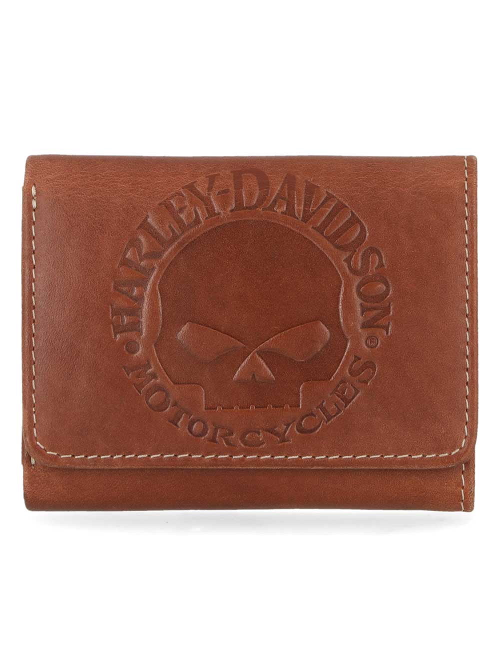 Harley-Davidson Men's Embossed Willie G Skull Tri-Fold Leather Wallet - Brown, Harley Davidson