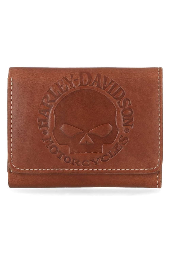 Men's Embossed Willie G Skull Tri-Fold Leather Wallet - Brown, Harley Davidson