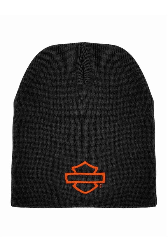 Men's Embroidered Open Bar & Shield Skull Beanie Hat - Black, Harley Davidson