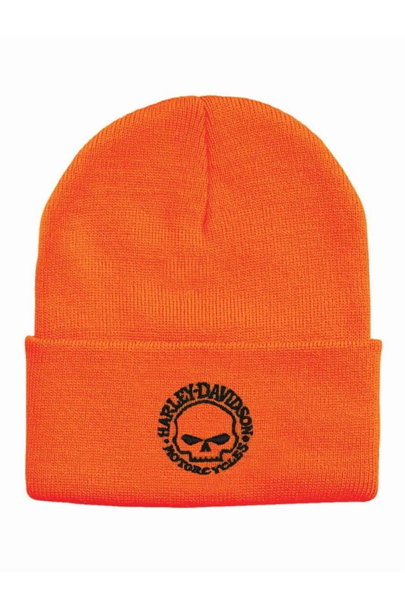 Men's Embroidered Willie G Skull Cuffed Beanie Hat - Orange, Harley Davidson