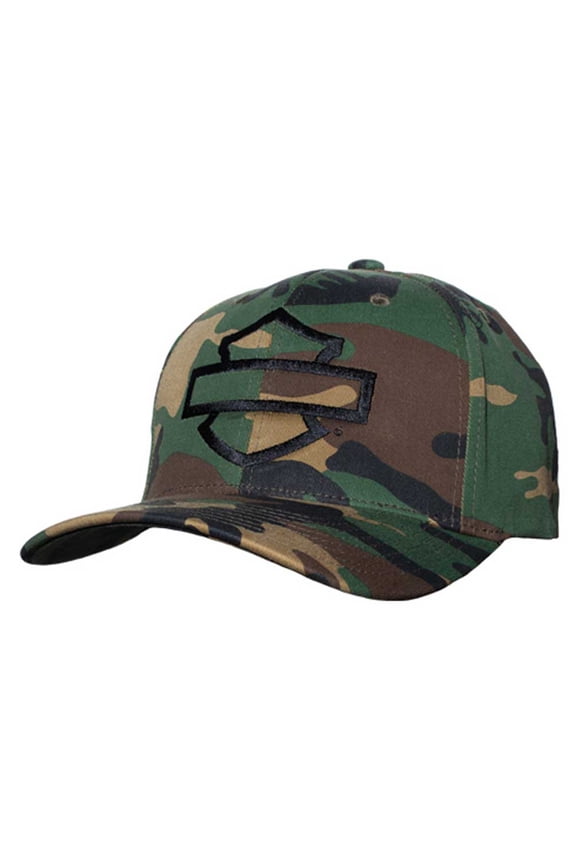 Men's Find Me B&S Logo Stretch Fit Baseball Cap - Camo (S/M), Harley Davidson